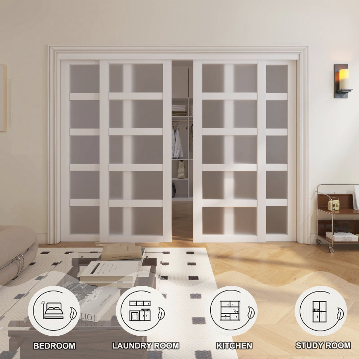 SOLRIG Sliding Closet Door, 5-Lite Frosted Glass Interior Door, 60"(Double 30") x 80" Closet Doors with Complete Hardware Track Kit & Floor Guide, Pre-Drilled Sliding Door Panel Assembly Required