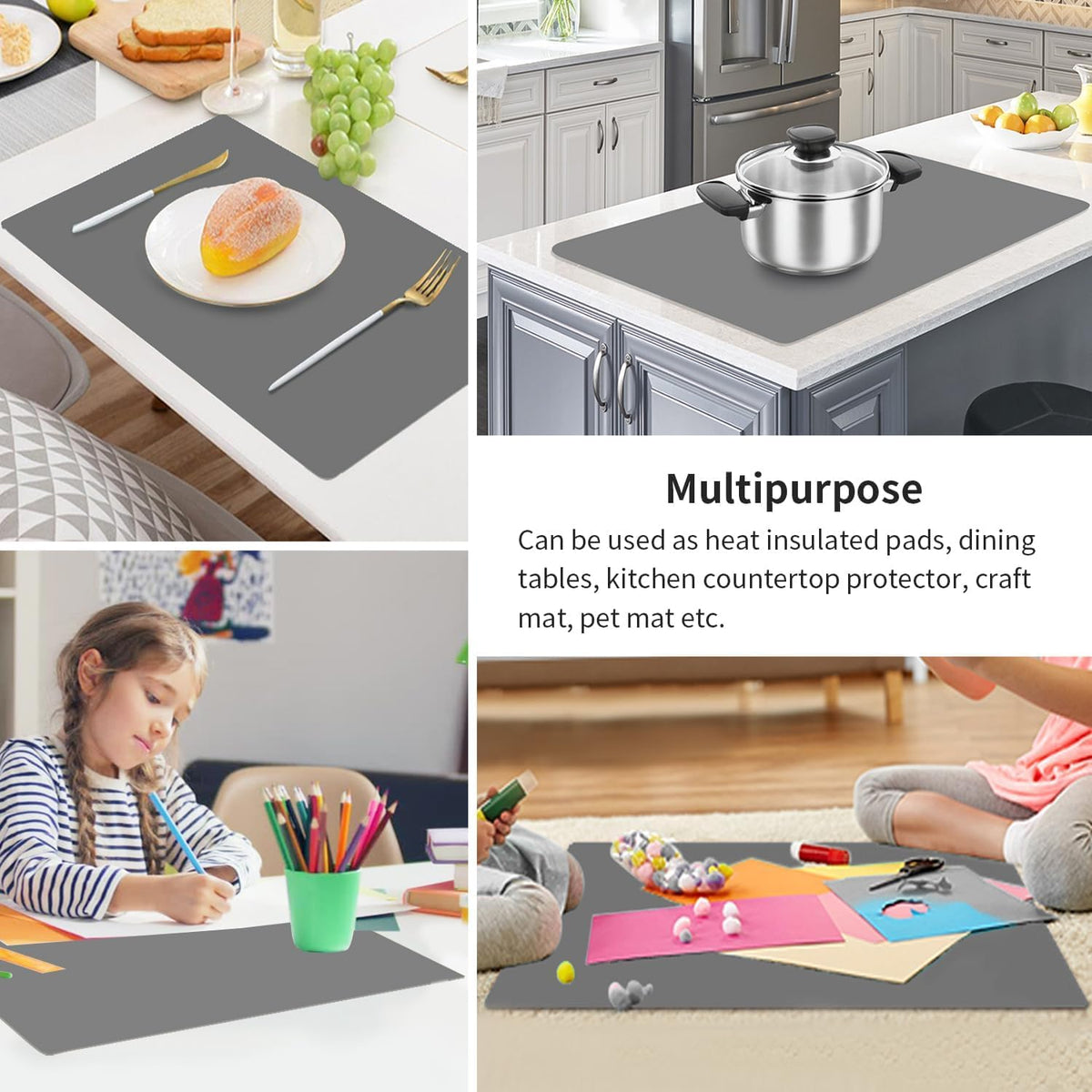 Extra Large Silicone Table Mat, Genuine Food-Grade Silicone Mat for Crafts Kids Dinner Placemat Desk Countertop Waterproof Protector Heat Insulation Kitchen Pastry Rolling Dough Pad (Dark Gray)