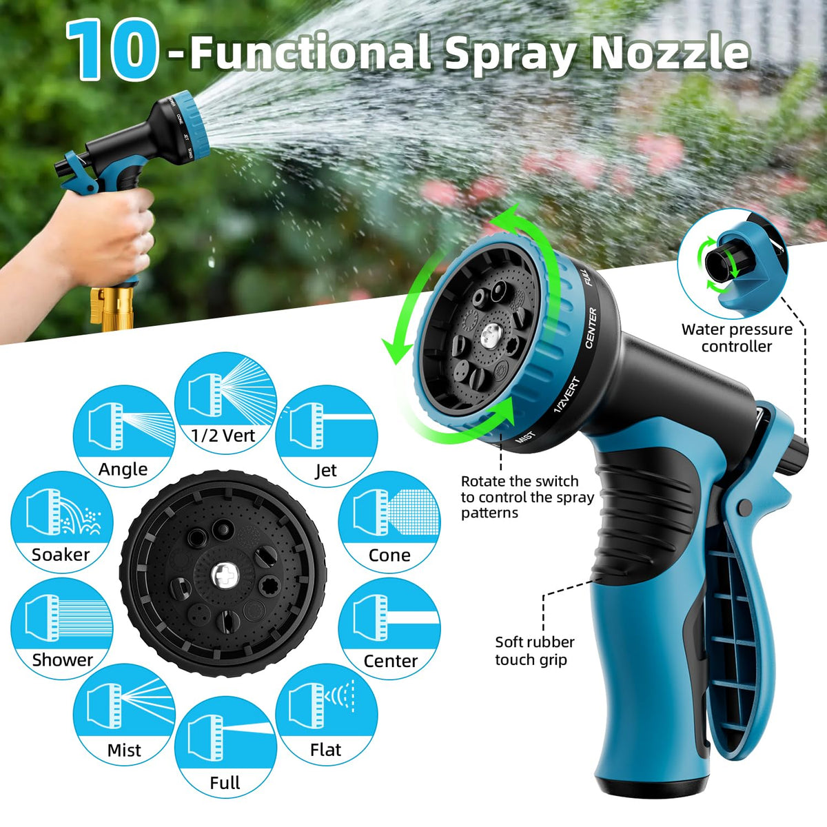 Garden Hose, Non-Expandable Water Hose 75 ft, Flexible, Kink & Leak Proof Water Pipe with 10-Function Spray Nozzle, Lightweight Outdoor Hose for Yard, Lawn, Car Wash, RV and Home Use