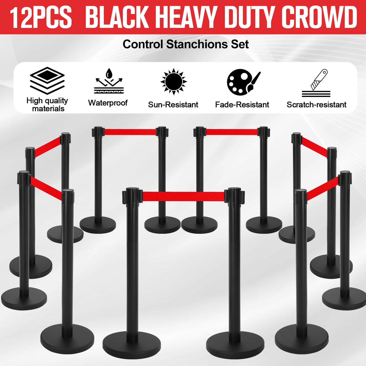 Therwen 12 Pcs Stanchions with 8.2 ft Retractable Belt Red Crowd Control Stanchions Set and Stanchion Post Sign Easy to Assemble Line Dividers Queue Ropes for Theaters, Weddings, Exhibitions