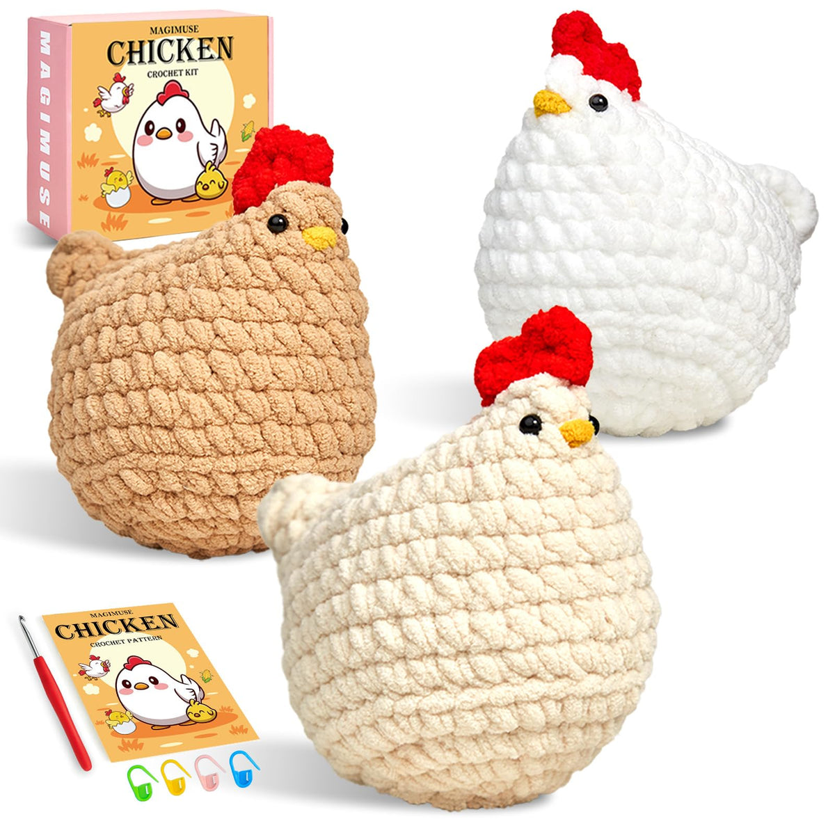 MAGIMUSE Crochet Kit for Beginners, Crochet Starter Kits for Adults Amigurumi Craft Knitting Crochet Animals Kits with Step-by-Step Video Tutorials, 3 Pcs Chicken (40%+ Yarn)
