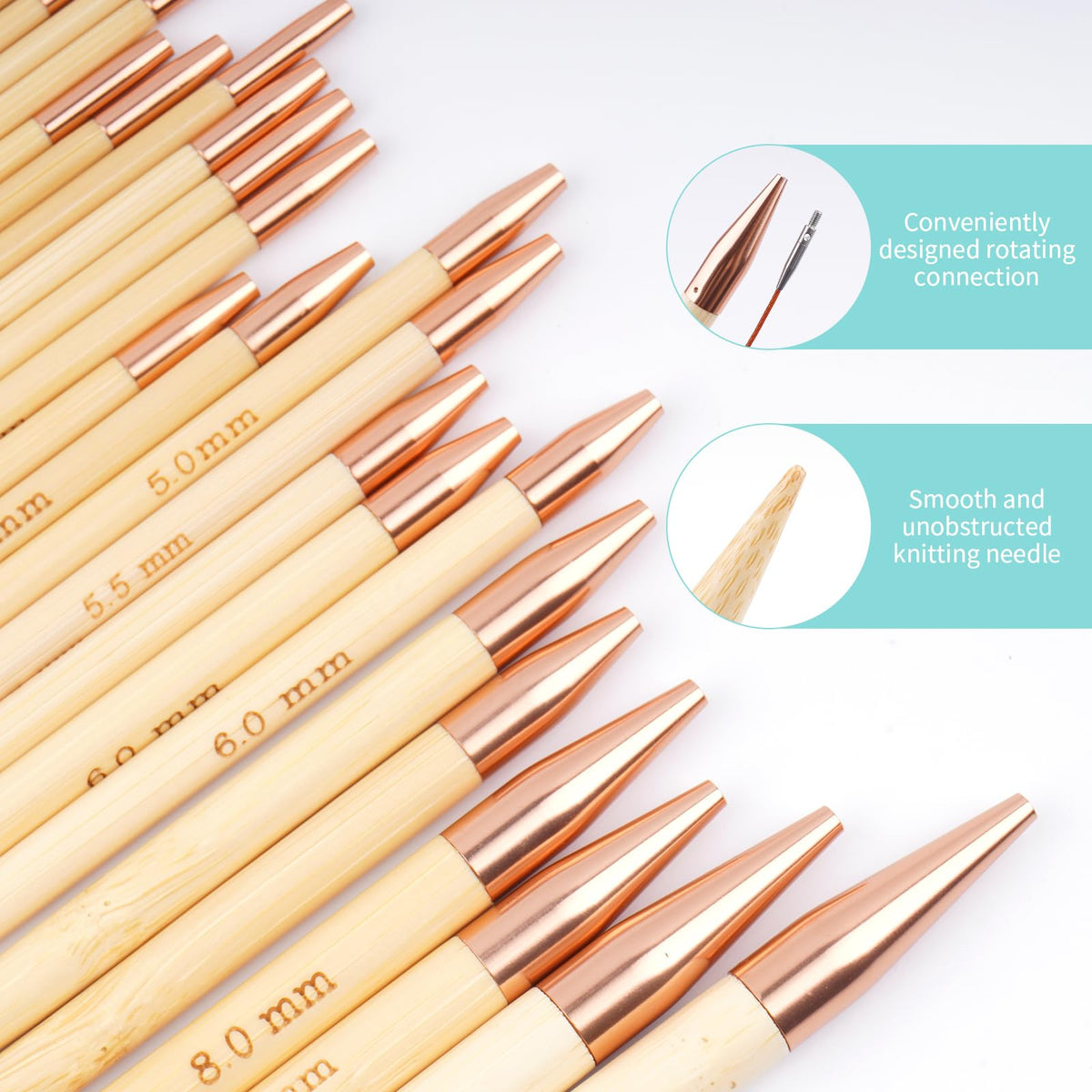 WAZAIGUR Knitting Needles Set, Interchangeable Bamboo Circular Knitting Needles Set, 3mm 3.25mm 3.5mm 3.75mm 4mm 4.5mm 5mm 5.5mm 6mm 7mm 8mm 9mm 10mm Knitting Needles, 13 Pairs