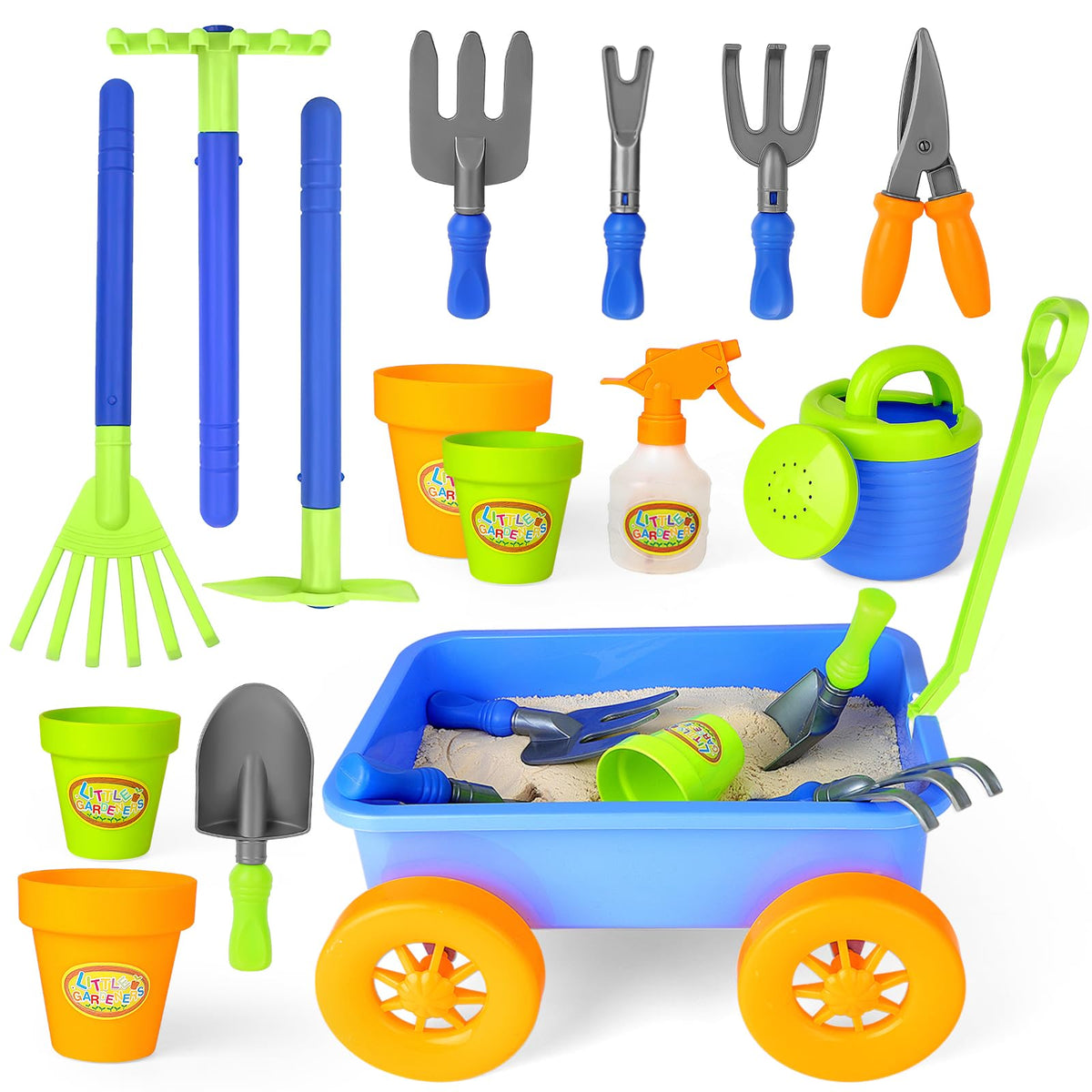 deAO Kids Garden Wagon Wheelbarrow and Gardening Tools Play Set Includes 10 Accessories and 4 Plant Pots,Great Outdoor Toddler Toys Kids Gardening Set
