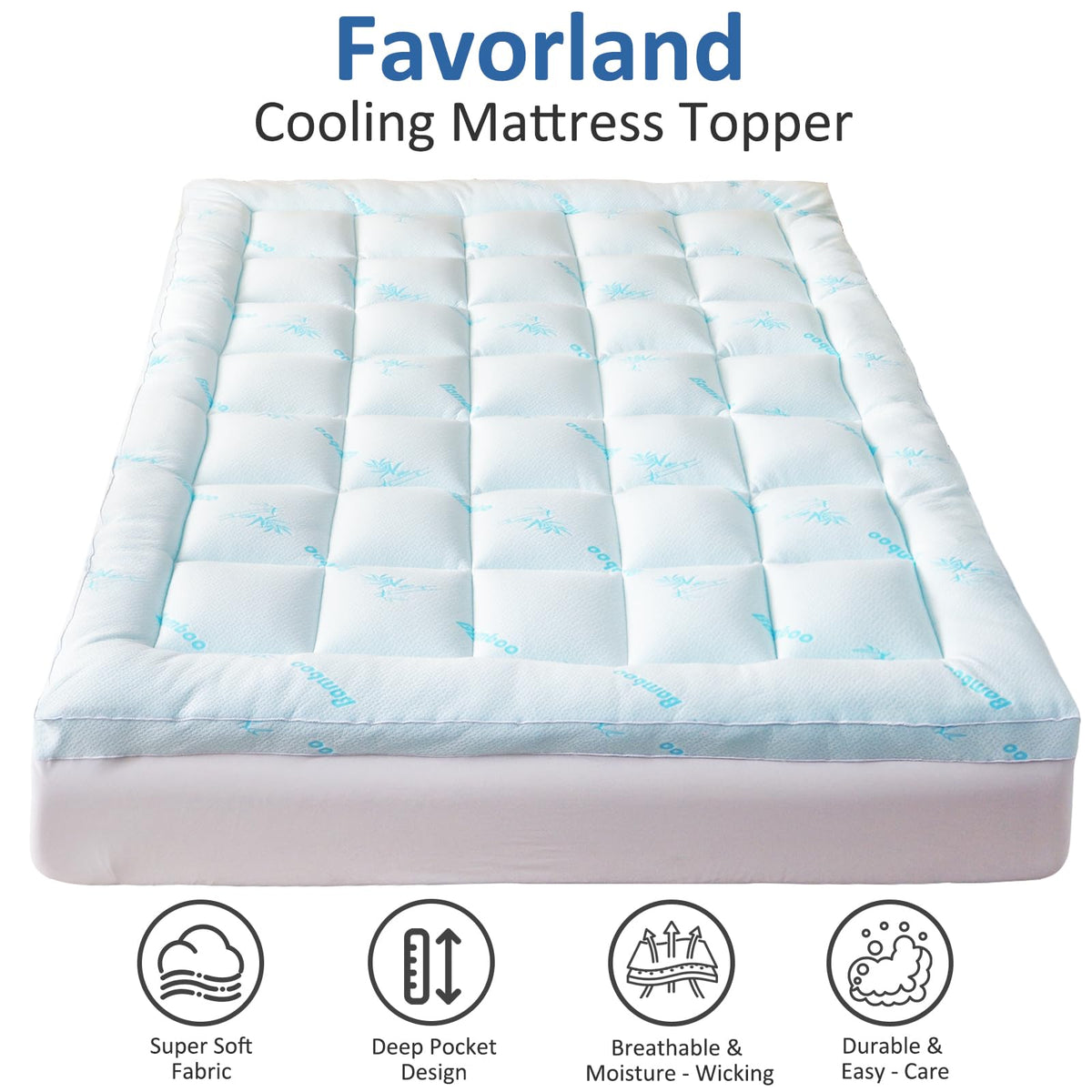 Favorland Mattress Topper King Size - Cooling Extra Thick Breathable Viscose Made from Bamboo Mattress pad - Soft Quilted Fitted Mattress Cover with 900 GSM Down Alternative Fill (8-21”Deep Pocket)