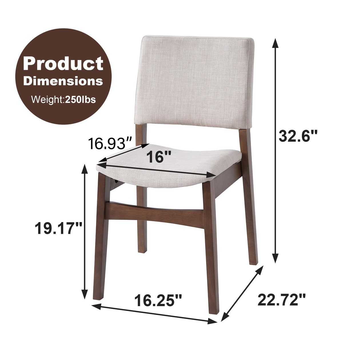Upholstered Stackable Dining Chairs Set of 2 Linen Fabric Seat Backrest, Solid Wood Frame, Rustic Kitchen Chairs for Dining Room, Living Room, Dark Walnut