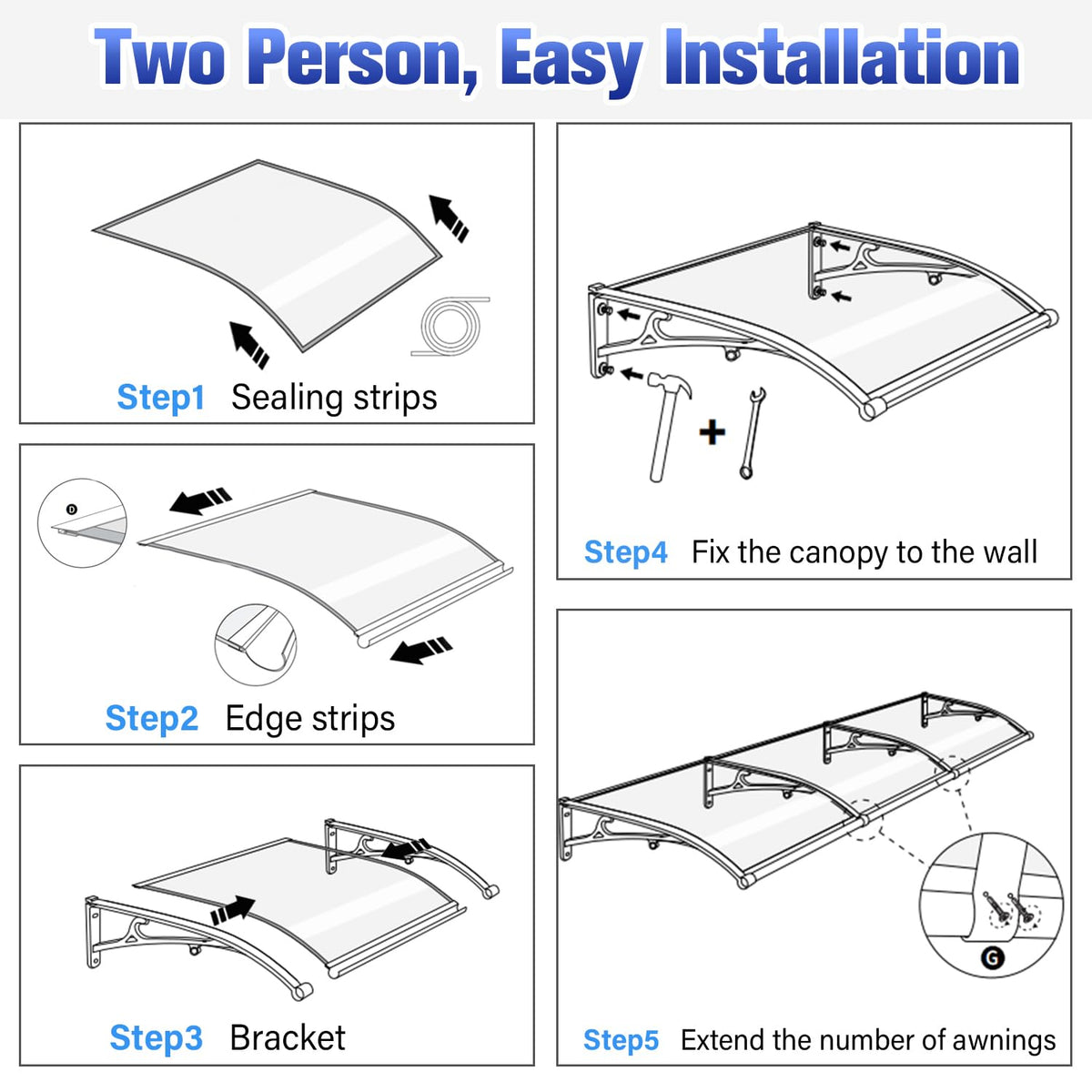 Awning for Door Entrance, Aluminum Window Awnings Exterior for Doors Canopy, Polycarbonate Cover Outdoor Front Doors UV/Rain/Snow Protection, Easy to Install, Gray Board (24x48in)
