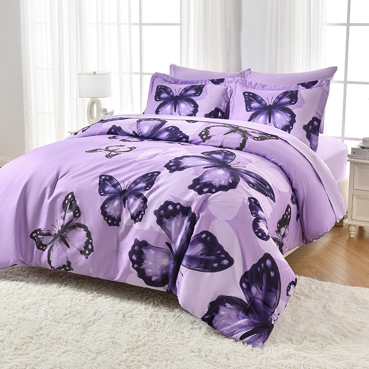 ARTALL Bed in A Bag Twin Size 5 Pieces, Purple Big Butterfly Bedding Comforter Set All Season Bed Set with Comforter, Pillow Sham, Flat Sheet, Fitted Sheet, Pillowcase