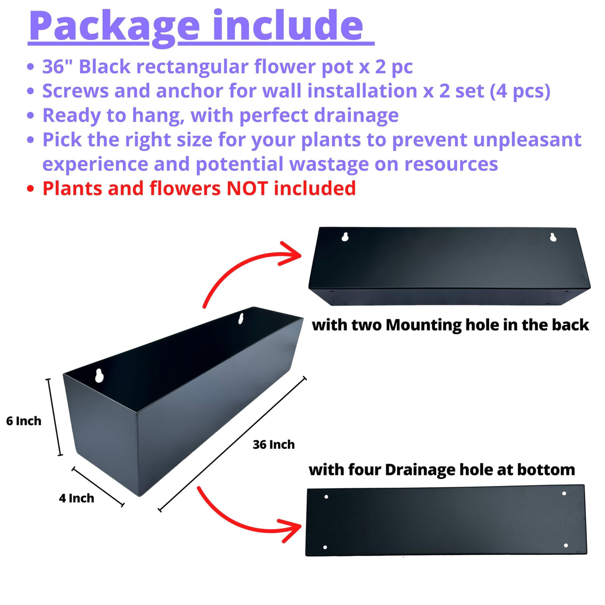 LaLaGreen Wall Planters (36 Inch, 2 Pack) Carbon Steel Black Metal Hanging Flower Pot for Succulents, Wall Mount Rectangular Long Window Sill Box Balcony Fence Floating Garden Shelf for Outdoor Decor