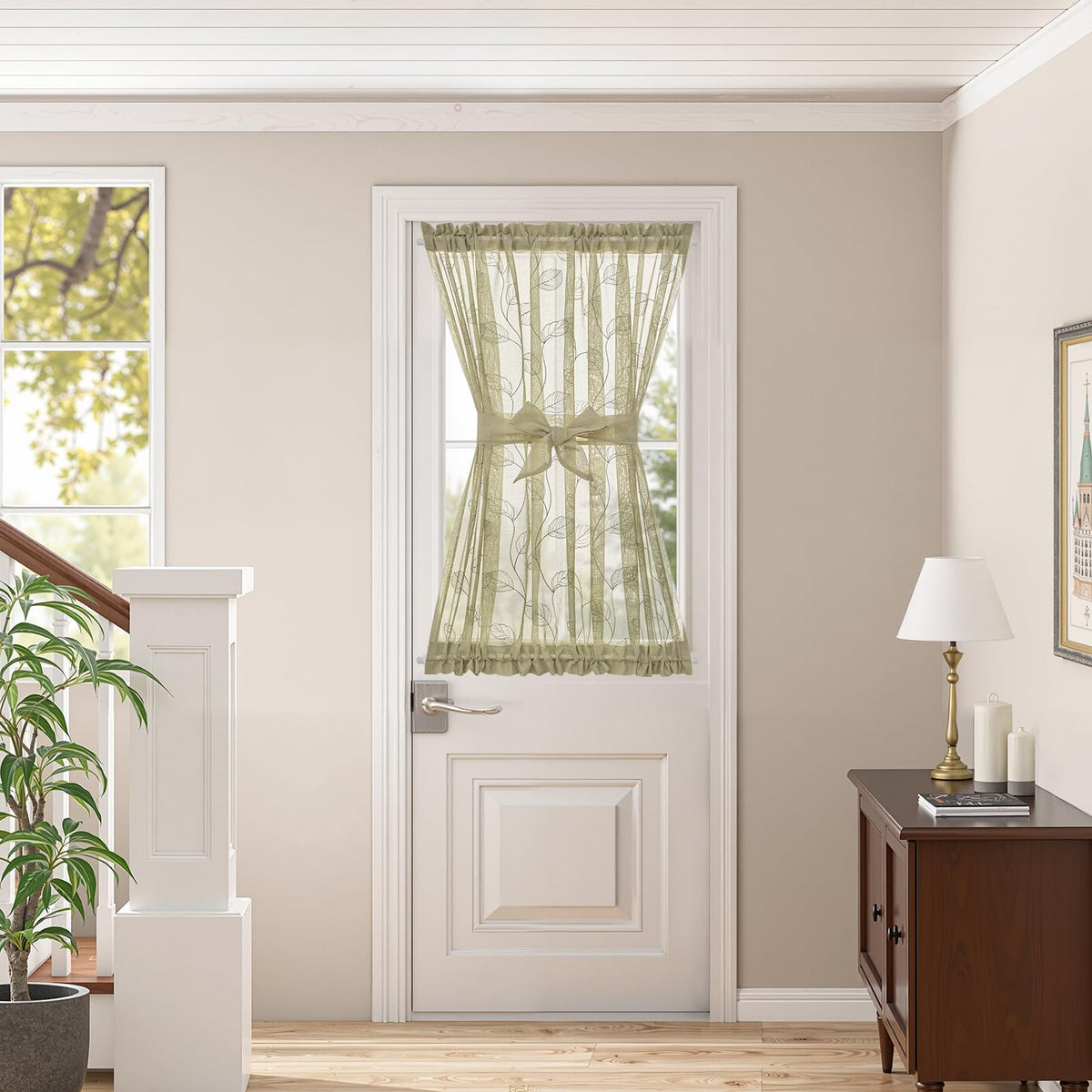 jinchan French Door Curtain Privacy Rustic Leaf Embroidered Semi Sheer Voile Front Curtain for Window Doorway Closet, Door Panel with Tieback Rod Pocket 1 Panel 55W x 40L Inch Sage Green