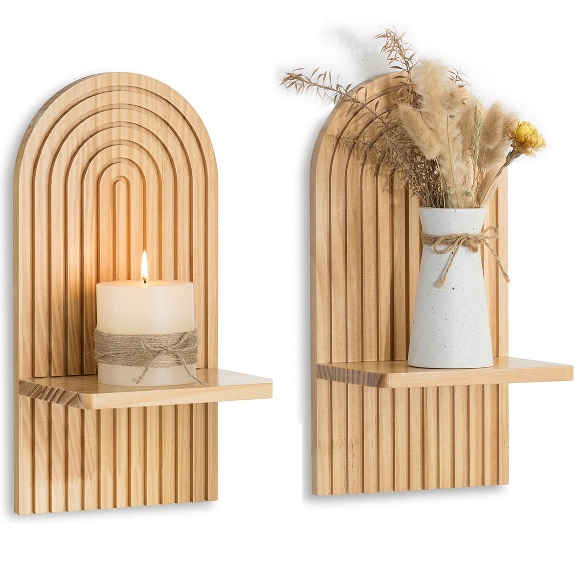 Walasis Boho Wall Decor Set of Two - Natural Modern Minimalist Mid Century Wall Candle Holder for Living Room - Wood Bohemian Decor for Bathroom Nursery Bedroom