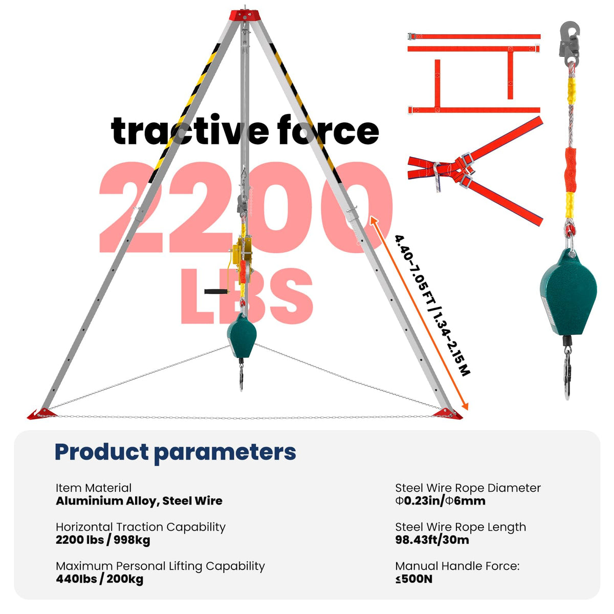 Confined Space Tripod Kit, 2200 Lbs Winch, Adjustable 7' Legs & 98' Cable, Steel Confined Space Rescue Tripod with 33' Fall Protection/Harness/8' Protection Chain for Confined Spaces Safety