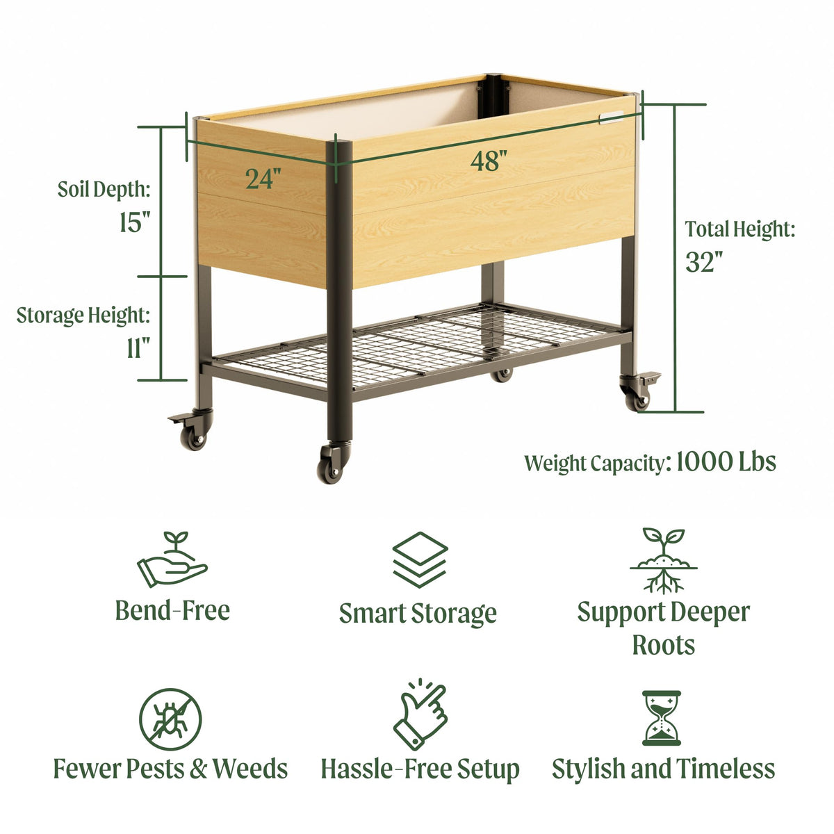 Rolling Elevated Garden Bed, 2' x 4' Metal Woodgrain Elevated Outdoor Planters Boxes with Legs & Storage Rack for Patio, 1000 lbs Weight Capacity, Raised Beds for Gardening Herb Flowers Vegetables