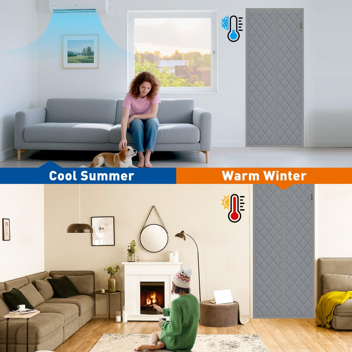MAGZO Magnetic Winter Thermal Insulated Door Curtain Fits Door Size 30" x 80", Oxford Cloth Strong Magnets Winter Entrance Insulation, Thicken Cotton Entrance Cover for Doorways, Gray