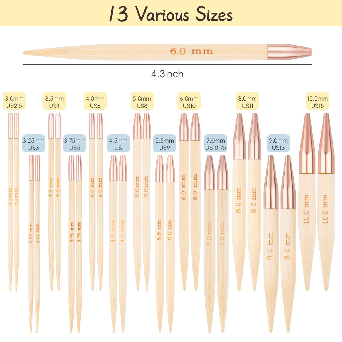 BsHooker Bamboo Circular Knitting Needles Set,13 Pairs Interchangeable Knitting Needles Kit with Storage Case,3mm-10mm Knitting Needles with Cables US 2.5-15