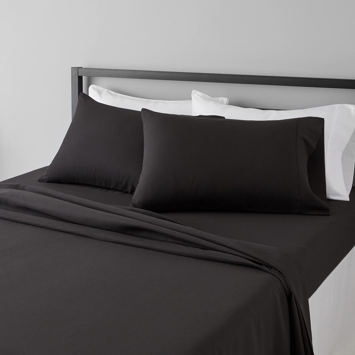 Amazon Basics Lightweight Super Soft Easy Care Breathable Microfiber 4-Piece Bed Sheet Set with 14-Inch Deep Pockets, Wrinkle Resistant, Full, Black, Solid