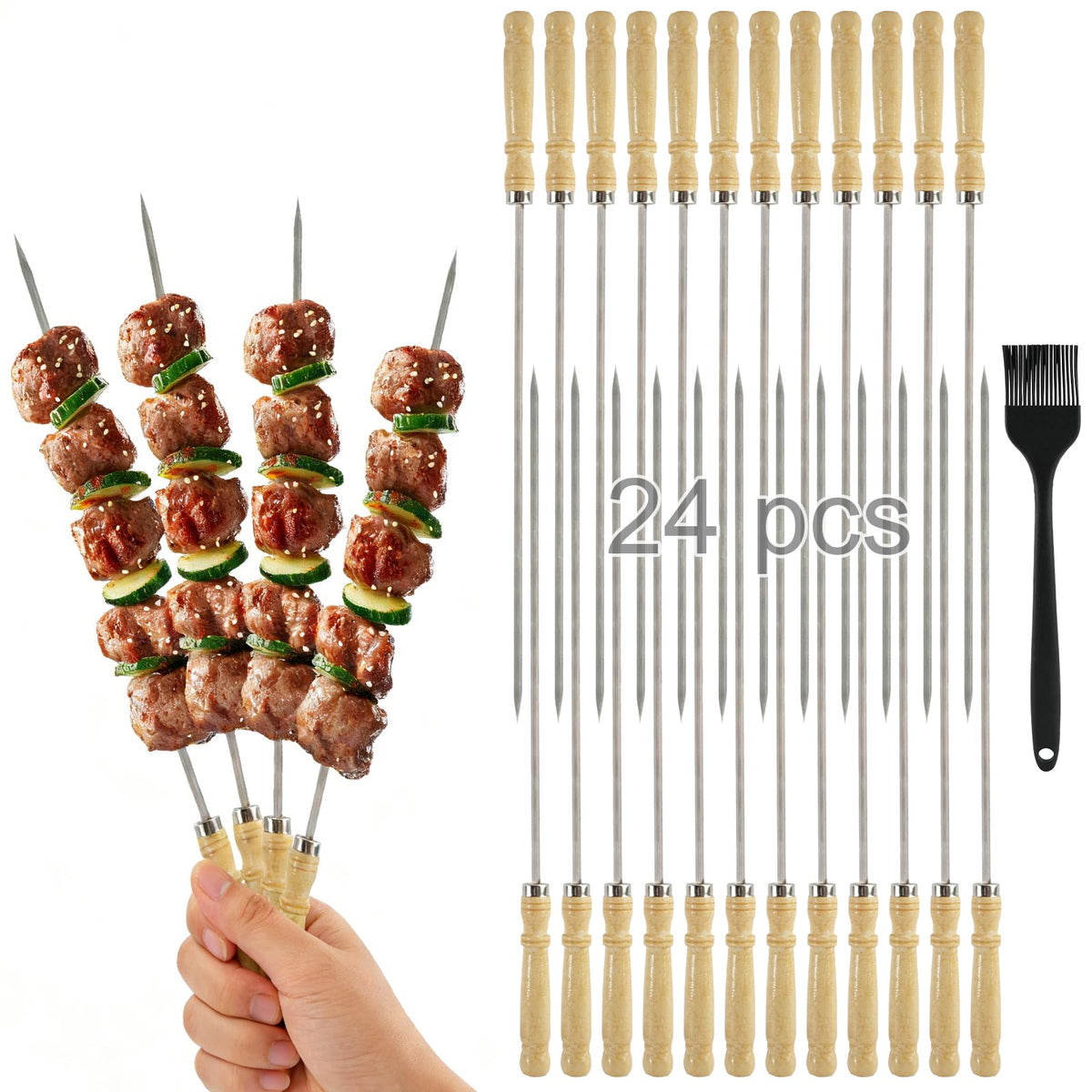 WRENYZK 24 Pcs Barbecue Skewers with Wooden Handles, Kabob Skewers for Grilling, 15.75" Stainless Steel BBQ Skewer with Basting Brush, Kabob Skewers Skewer Sticks for Camping or family