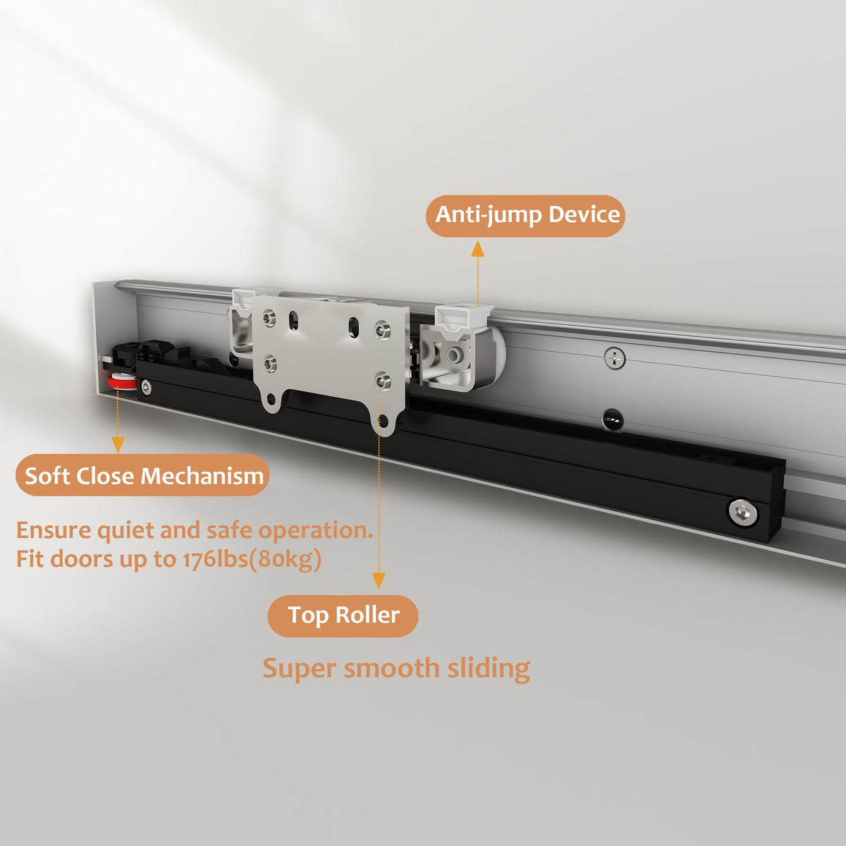 JUBEST 38" Concealed Barn Door Hardware Kit with Soft Close Mechanism, Wall Mounted Invisible Sliding Door Track for Opening Width 30" to 34", Hidden Barn Door Hardware Kit, Door Needs Groove