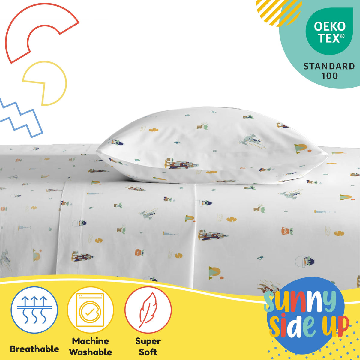Sunny Side Up Kids Sheet Set with Fitted, Flat Sheets & Pillow Cover - Ultra-Soft Bedding with Pillowcase for Room Decor, White - Star Wars Mandalorian, 3 Piece Twin