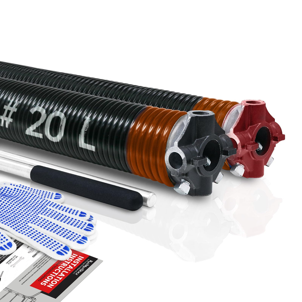 KaiMinDogz Pair of 2" Garage Door Torsion Springs Set with Non-Slip Winding Bar & Gloves,High Precision Electrophoresis Black Coated, for Replacement & Installation, MIN 16,000 Cycles (0.192x2''x20'')