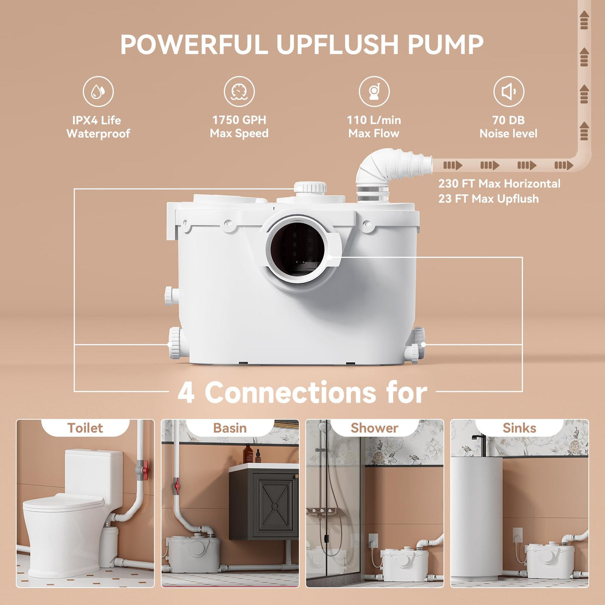 Macerator Pump with 4 Inlets - 23ft Upflush Sewage Grinder System for Toilet, Sink, Shower & Laundry, Quite Copper Motor & Odor Control, Ideal for Basement, Garage, Dorm, Wet Bar (110V, 140°F Max)