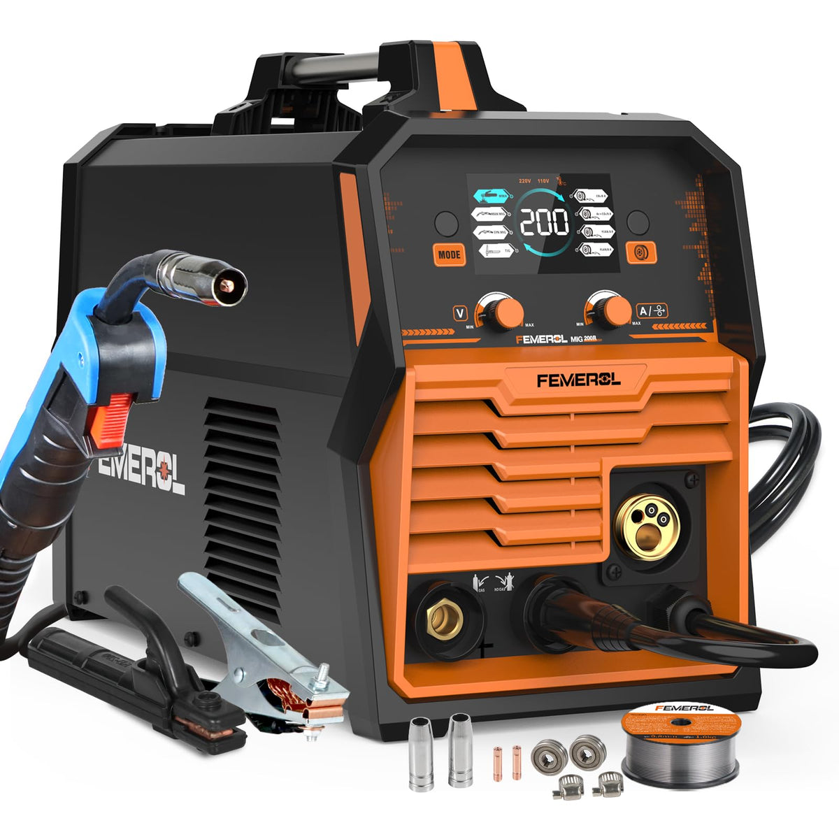 FEMEROL 200A MIG Welder,4 in 1 Gas MIG/Gasless Flux Core/Stick/Lift TIG Multi-process Welding Machine Large LED Display 110V/220V Multi Welder