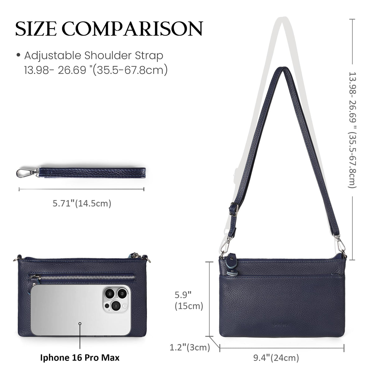 befen Leather Wristlet Wallets for Women, RFID Blocking Small Crossbody Bags, Women Leather Purses Handbags Shoulder Bag Trendy Clutch Purse with Adjustable Shoulder Strap and Wrist Strap, Navy Blue