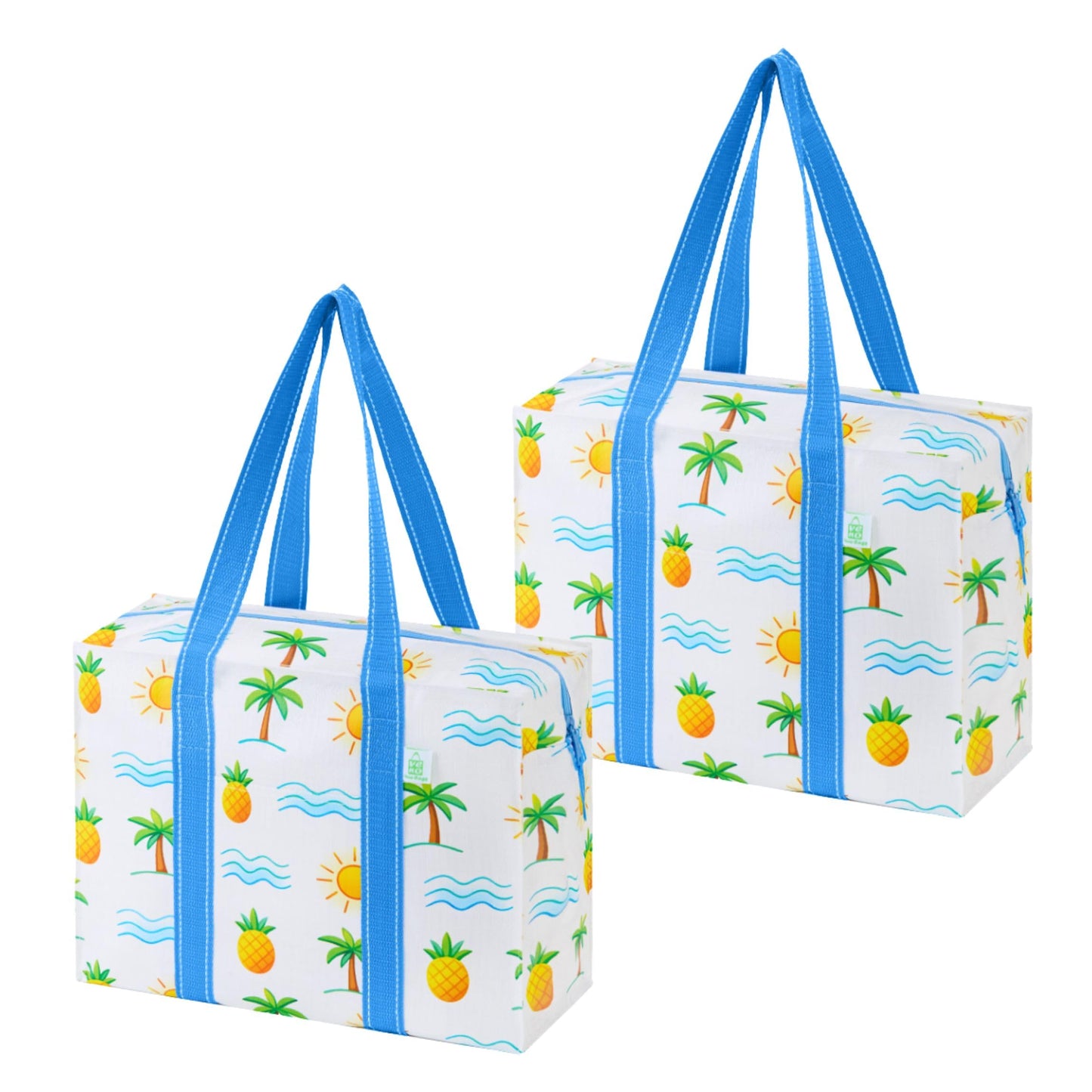 VENO 2 Pack Reusable Grocery Bags with Zipper, Heavy Duty Large Utility Tote with Hard Bottom, Foldable Water-Resistant Shopping Bags for Summer Beach, Pool, Picnic & Family Travel (Tropical Island)