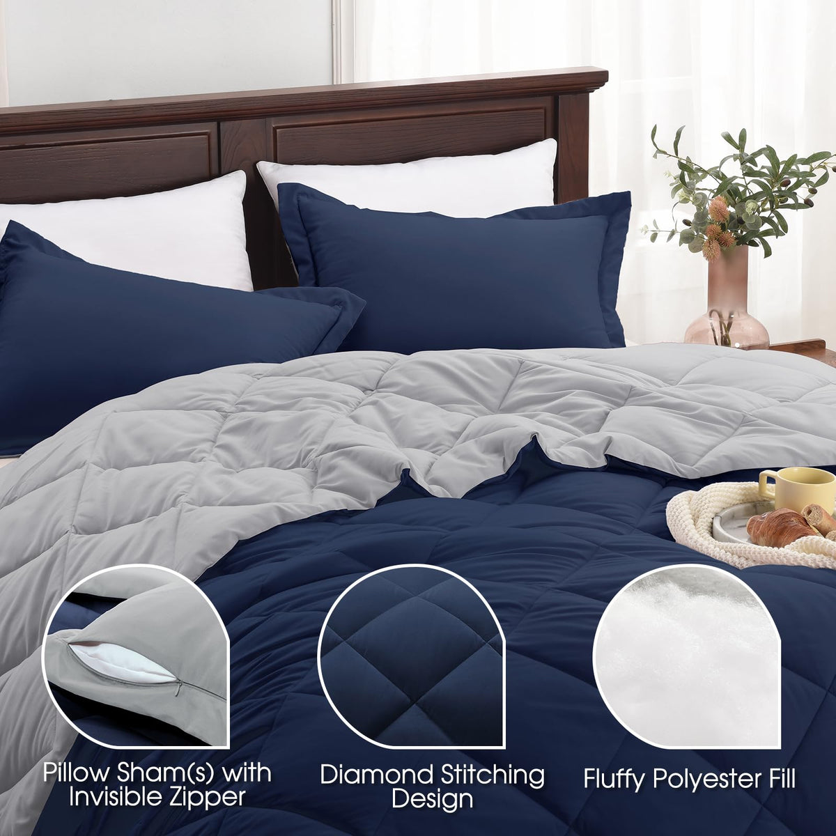Basic Beyond Queen Comforter Set - Navy Blue Comforter Set Queen Size, Reversible Bed Comforter Queen Set for All Seasons, Navy/Grey, 1 Comforter (88"x92") and 2 Pillow Shams (20"x26"+2")