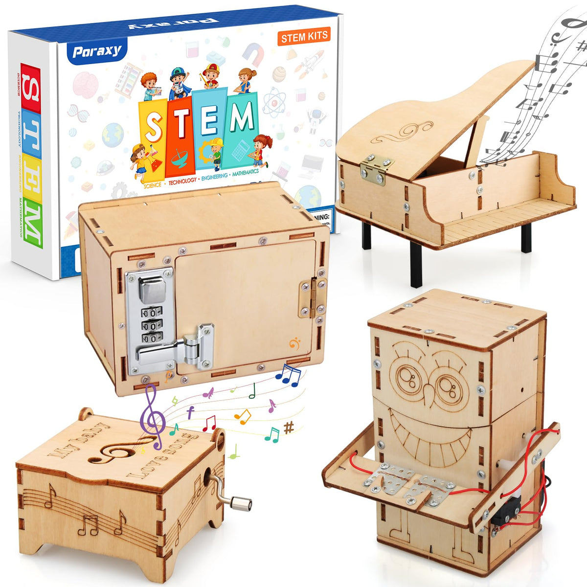 Poraxy 4 Set STEM Kits for Kids Ages 8-10 10-12, Toys for Ages 8-13, Music Box, Robot 3D Puzzle Educational Science Building Projects Crafts, Birthday Gifts for Boys Girls 7 8 9 10 11 12 13 Year Old