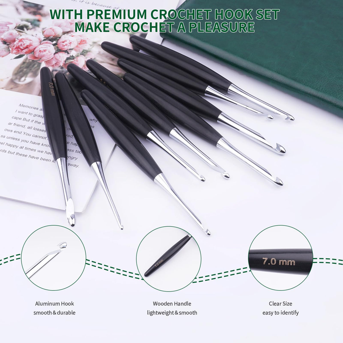 Hobekoee Inline Crochet Hooks Set 9 Sizes 3.5mm(E)-8mm(L) Wooden Handle Crochet Hooks Set with Case,Ergonomic Grip for Arthritic Hands