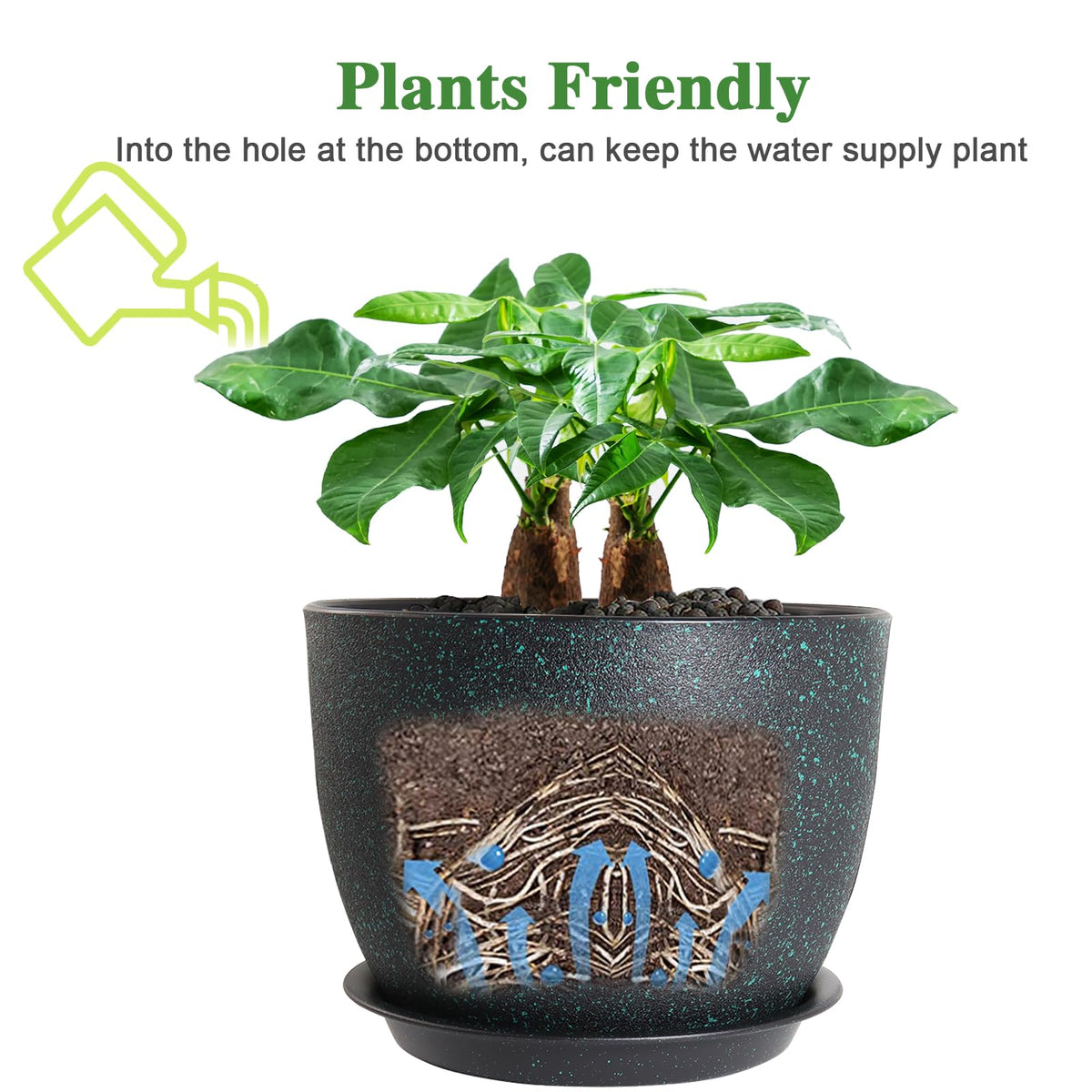UOUZ 12inch Large Plant Pot, Modern Plastic Planter with High Driange Holes and Saucer for Indoor Outdoor Garden Plants and Flowers, Black with Green Speckles
