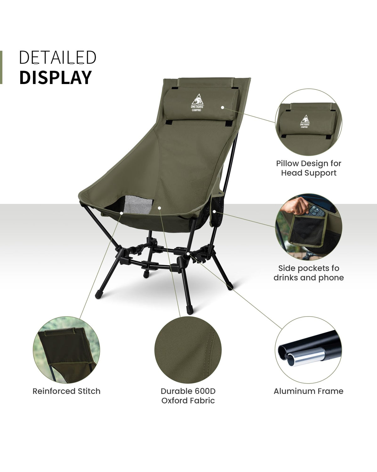 ONETIGRIS Dragonhide Oversized Camping Chair with Pillow Design, Comfortable Widened Seat Folding, 275 lbs Capacity