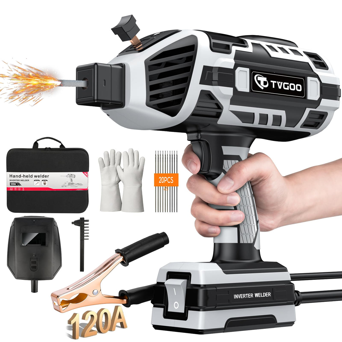 Tvgoo Portable Handheld Welding Machine - 110V IGBT Inverter Handheld Welder, 20-120A Portable ARC Welder, Hot Start & Anti-Stick for 3/32"-1/8" Welding Rods, Father's Day Gift for Men(Grey)