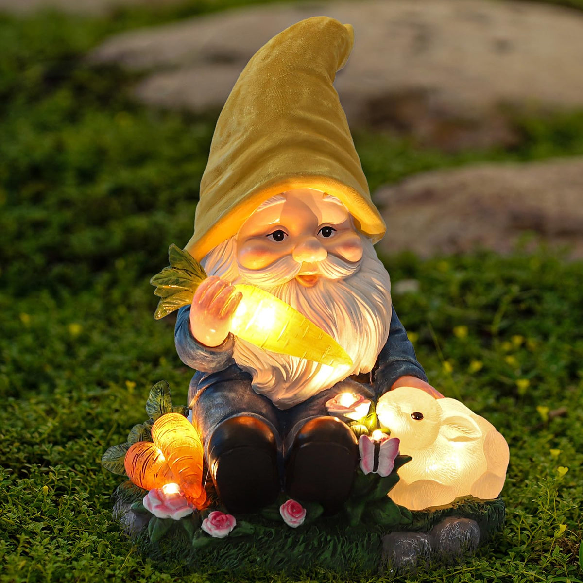 NATASE Solar Garden Outdoor Statues Gnome Feeding Rabbit with 6 LED Lawn Decor Outside Decorations for Patio, Balcony, Yard Ornament Unique Garden Gift