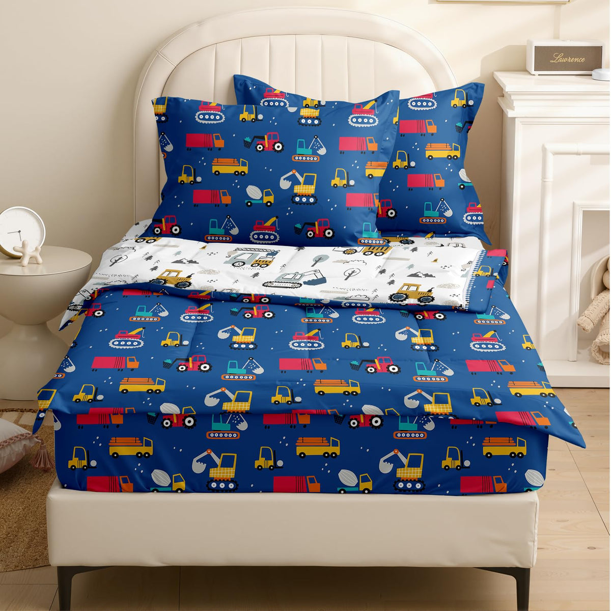 Yadangxiawa Kids Comforter Set,Zipper Bedding Twin for Boys,Construction Printed Comforter Set with Truck Fitted Sheets and Pillowcases for All Season(Construction Twin)