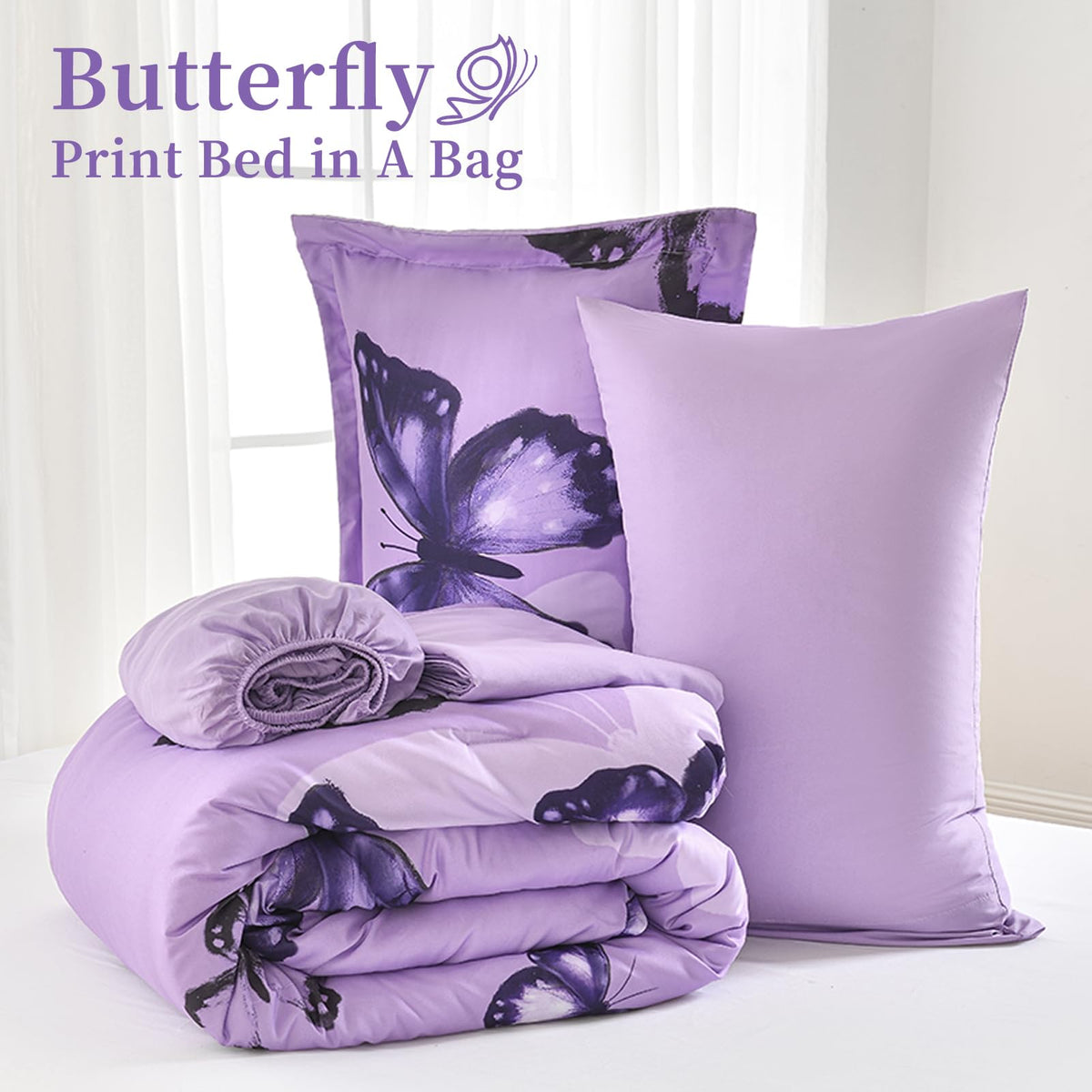 ARTALL Bed in A Bag Twin Size 5 Pieces, Purple Big Butterfly Bedding Comforter Set All Season Bed Set with Comforter, Pillow Sham, Flat Sheet, Fitted Sheet, Pillowcase