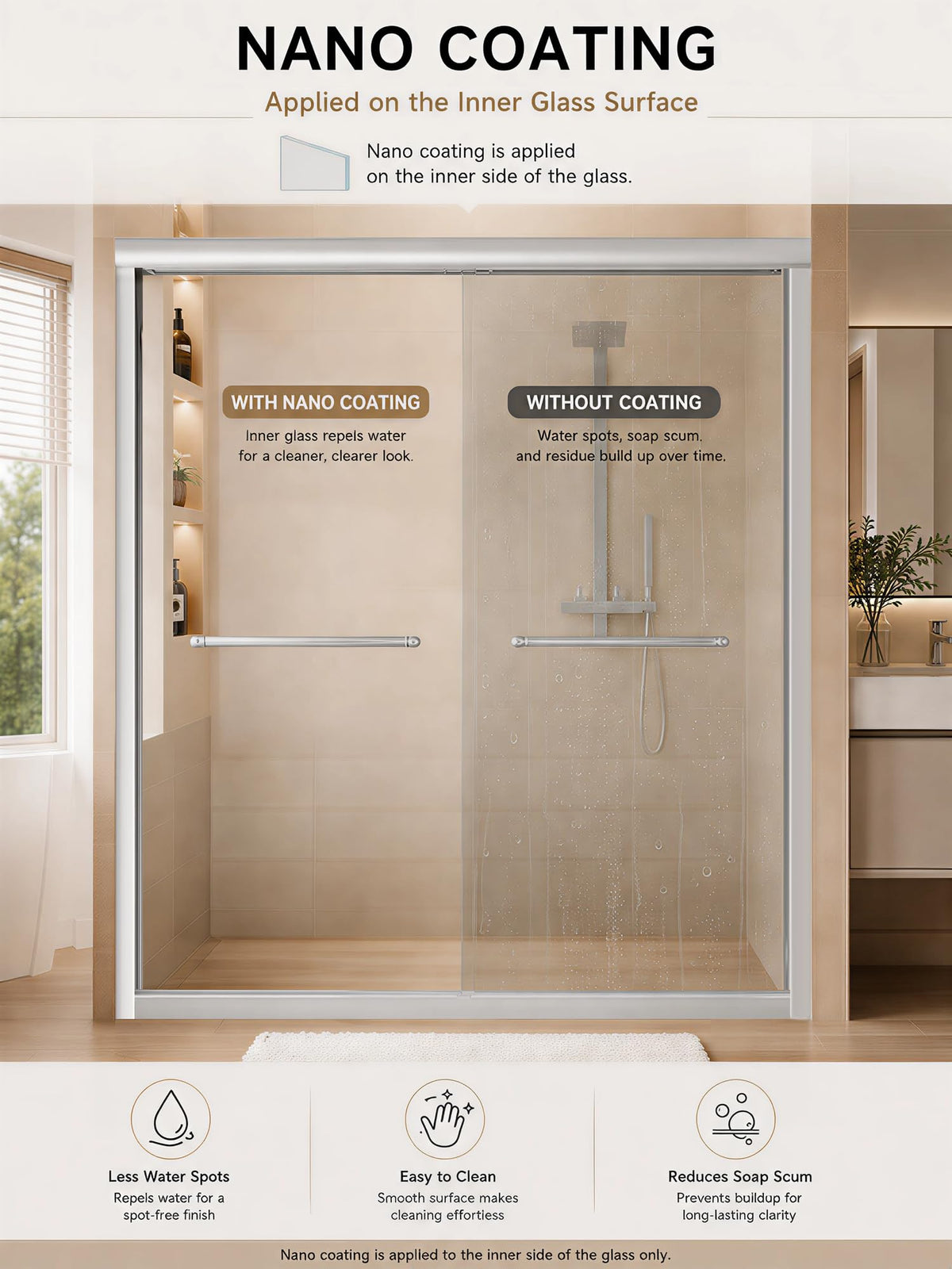 Semi-Frameless Sliding Glass Shower Door 56-60 in. W x 72 in. H, Chrome Frame, 1/4 in. Clear Tempered Glass, Bypass Shower Door, Reversible Shower Doors for Walk-in Bathroom