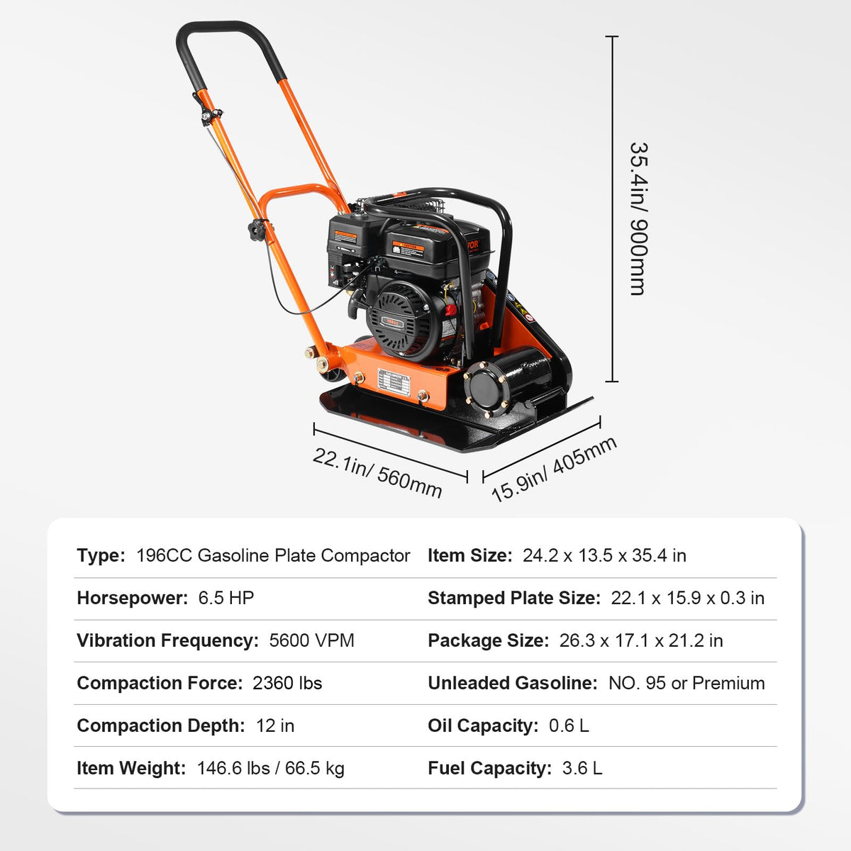 VEVOR 6.5HP Plate Compactor, 196CC Gas Engine, 2360 lbs Vibratory Compaction Tamper, 22.1x15.9 in Plate Power Jumping Jack Tamper, 5600 VPM Pavement Compactor for Walkways, Asphalts, Paver Landscaping