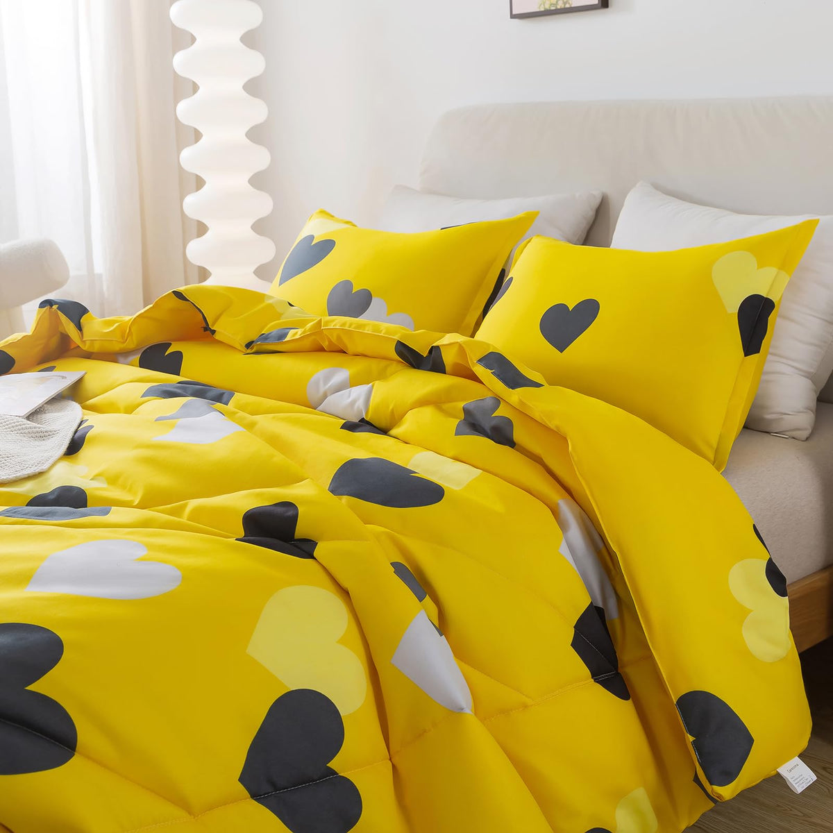 Caressma Twin Size Comforter Set for Boys Farmhouse Yellow Bedding Set with Black Heart All Season Fluffy Soft Lightweight(1 Comforter & 1 Pillowshams)