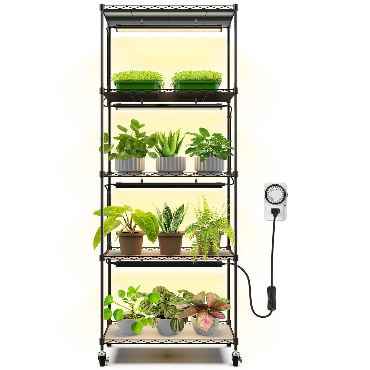 CX91 5-Tier Plant Stand with Grow Lights for Indoor Plants, Metal Plant Shelf Display Rack with 1.6FT 25W(Per Light) Full Spectrum Plant Lights for Indoor, Balcony, Living Room, 23.6x13.8x59IN