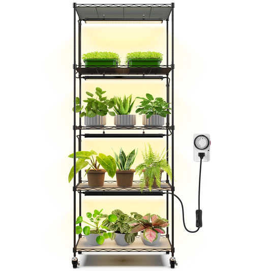 CX91 5-Tier Plant Stand with Grow Lights for Indoor Plants, Metal Plant Shelf Display Rack with 1.6FT 25W(Per Light) Full Spectrum Plant Lights for Indoor, Balcony, Living Room, 23.6x13.8x59IN
