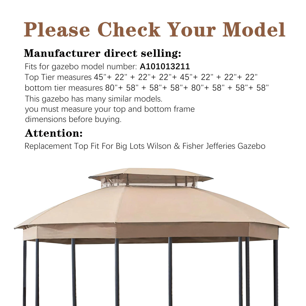 SCOCANOPY Light Beige Replacement Canopy Compatible with Big Lots Wilson & Fisher Jefferies Gazebo Model A101013211