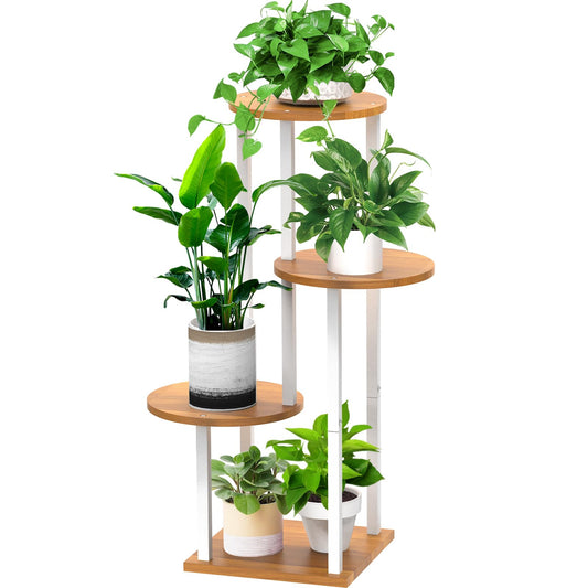 YOCOMEY 4 Tier Wood Tall Plant Stand Metal Rack Indoor, Multiple Flower Pot Holder Shelves Corner Rack, Round Planter Shelf Display Rack Storage Organizer for Patio Living Room Balcony(White+Wooden)