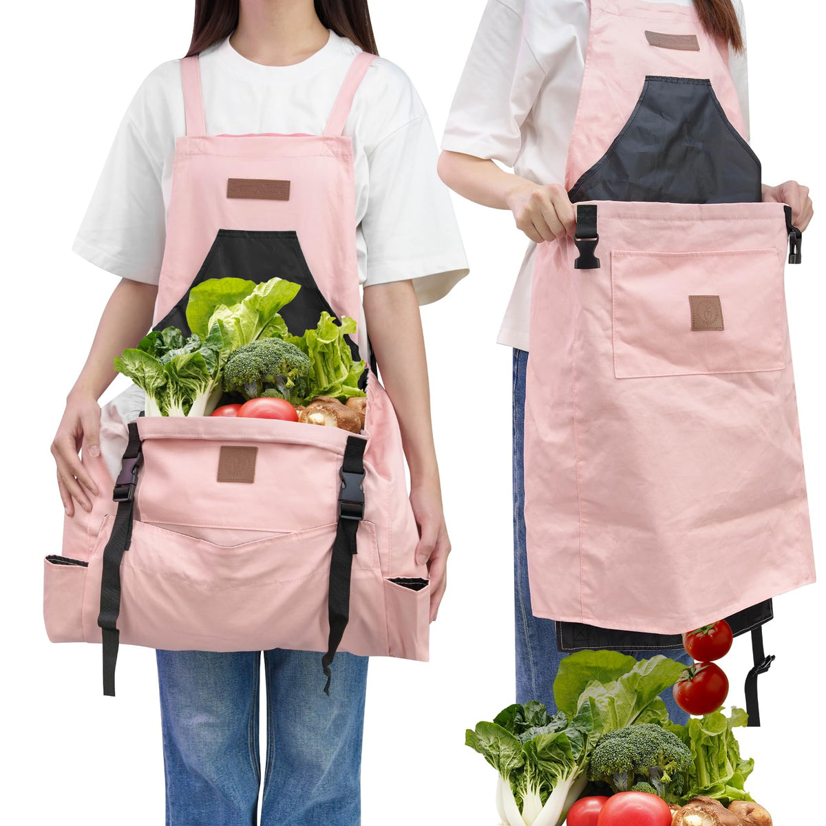 Berry&Bird Harvest Apron, Canvas Gardening Apron with Pockets and Harvesting Pouch Waterproof Harvesting Apron (Pink)