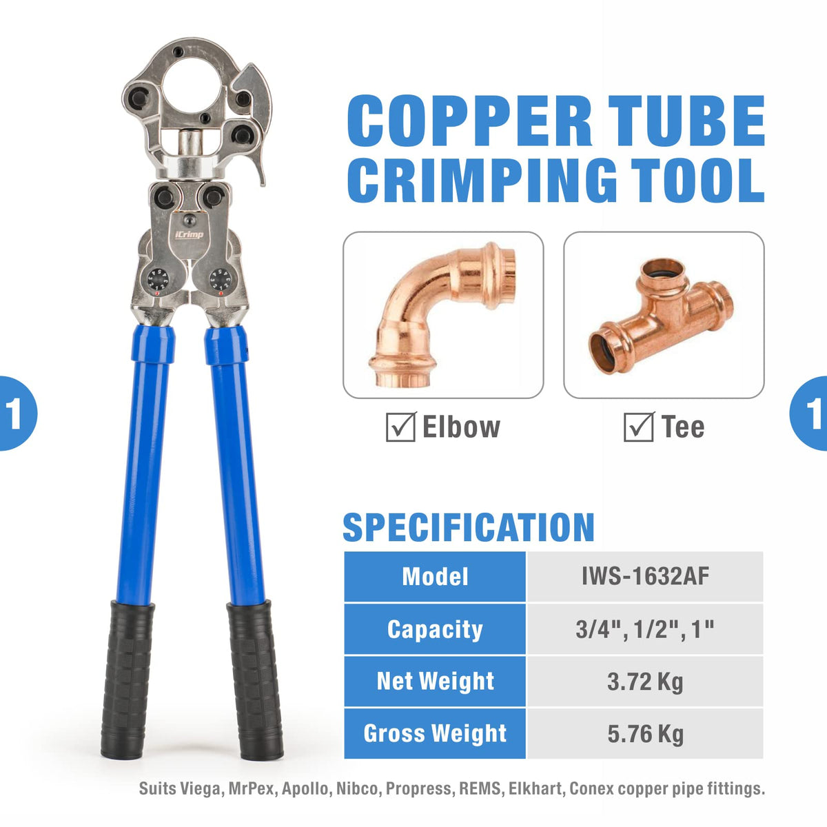 iCrimp IWS-1632AF Copper Press Tool for 1/2'', 3/4'', 1'' Viega ProPress Copper Fittings