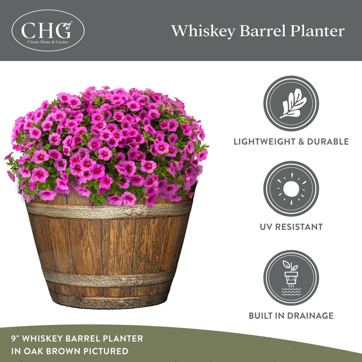 Classic Home & Garden Whiskey Barrel Planters - Wood Finish Flower Planter Pot - Decorative Garden Pots - Indoor & Outdoor Resin Planters - Weather-Resistant Planting Pots (9" Walnut Brown, Pack of 1)