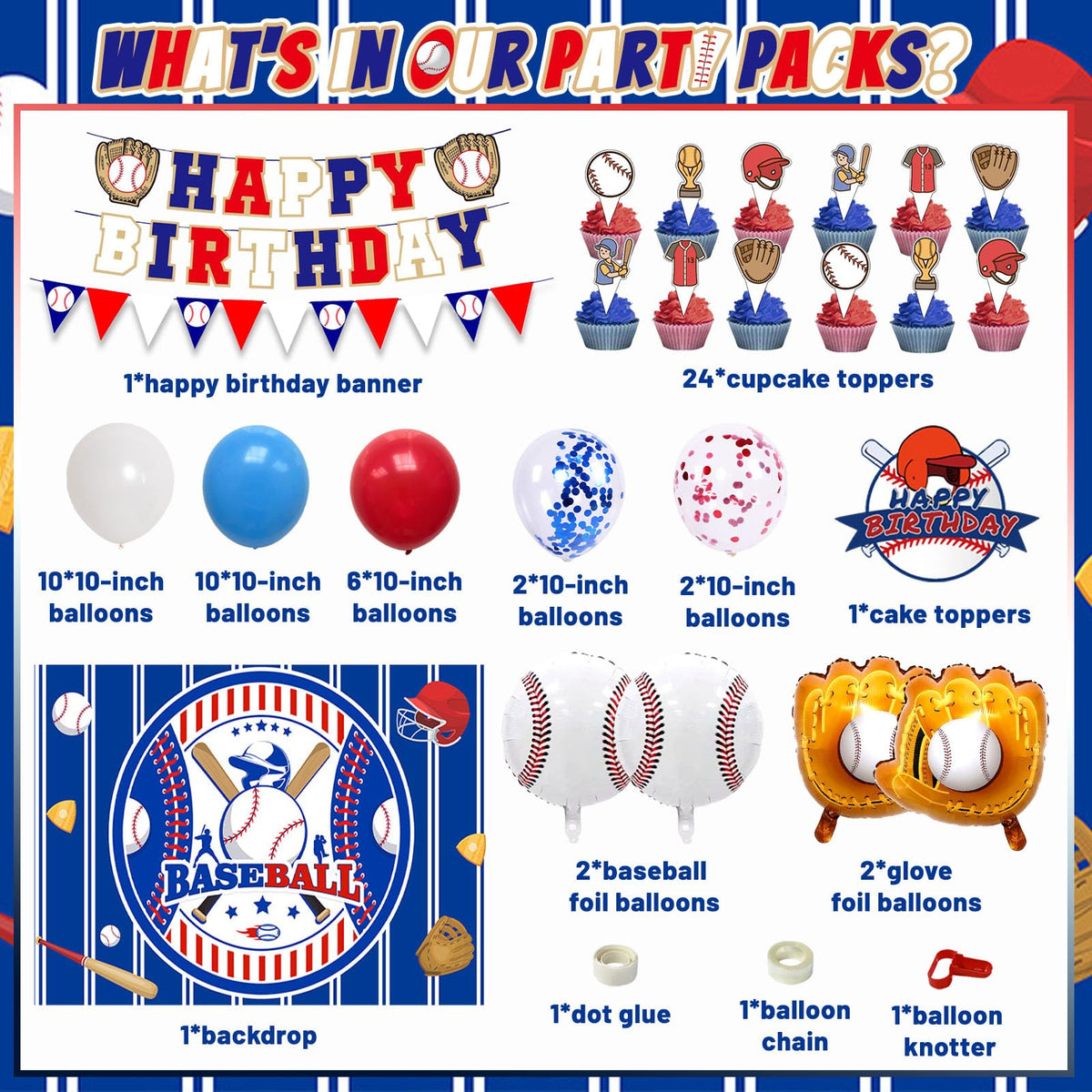 Baseball Birthday Party Decorations, 64 PCS Baseball Party Supplies Kit, Include Backdrop, Happy Birthday Banner, Balloons, Cupcake, Cake Toppers