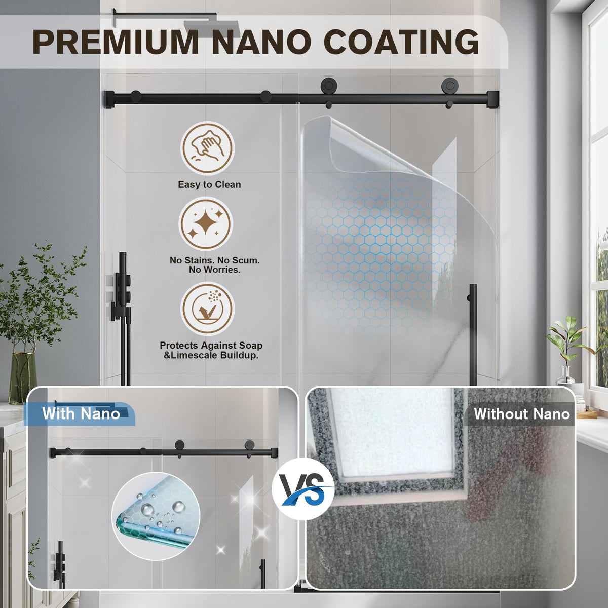 EASYWORC Frameless Glass Shower Door, 43-48" W x 76" H Sliding Frameless Shower Door, 1/4''(6mm) SGCC Tempered Glass, Explosion-Proof Film Nano Coating, Stainless Steel Hardware, Matte Black