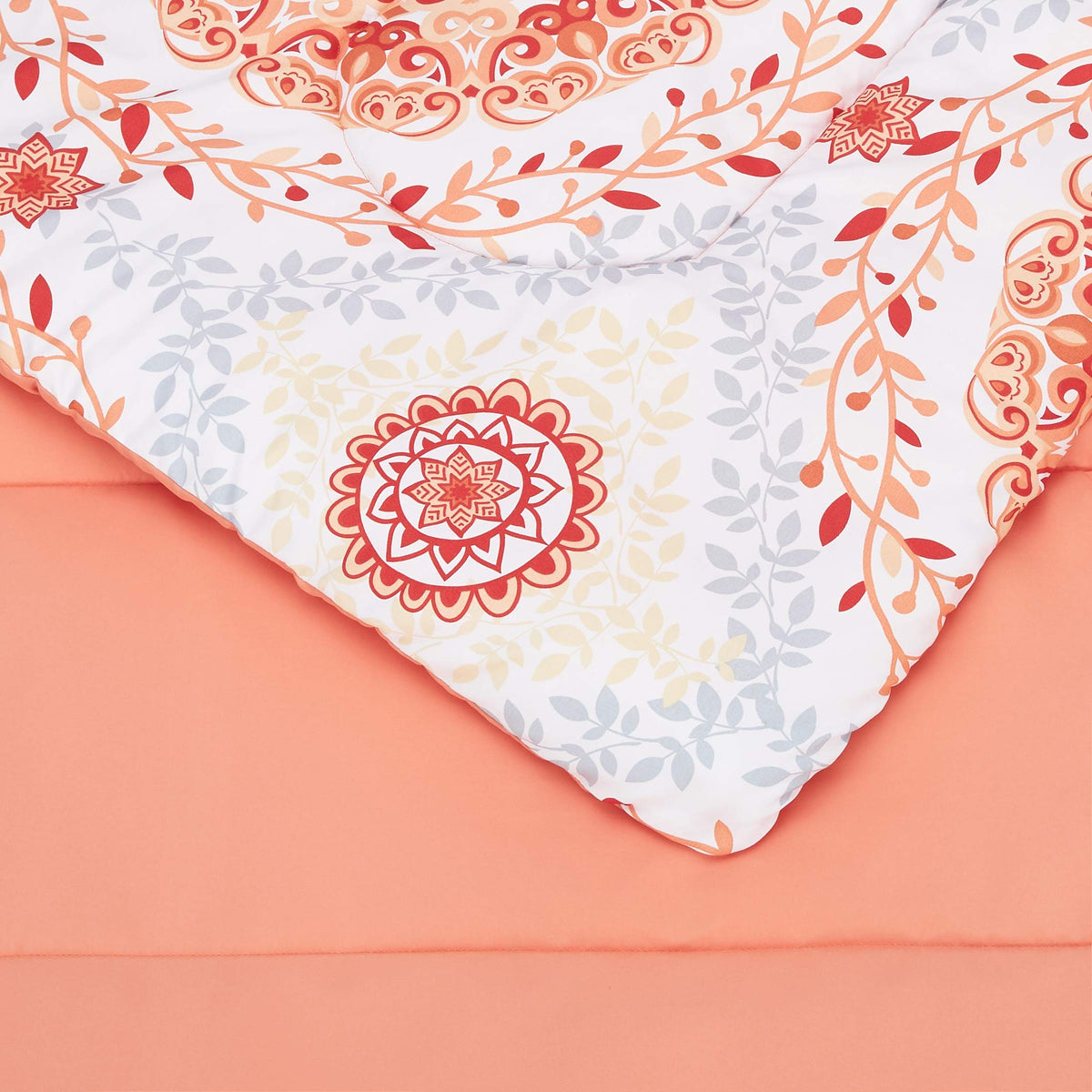 Amazon Basics Twin/Twin XL Lightweight Microfiber Comforter Bedding Set with Printed Sheets, 5-Piece Bed-in-a-Bag, Coral Medallion