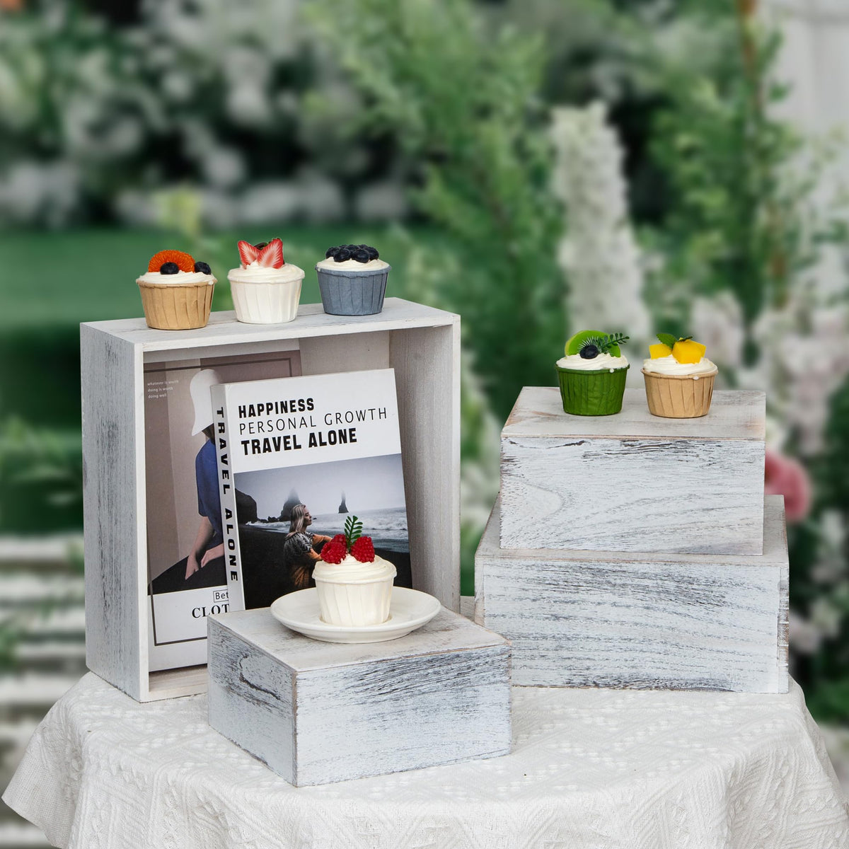 WEASATRY 4 Pieces Wooden Cake Stands,Antique White Cupcake Stands for Display,12 inches Square Wooden crates,Wood Display risers for Wedding,Birthday Party,Christmas,etc. (Antique White)